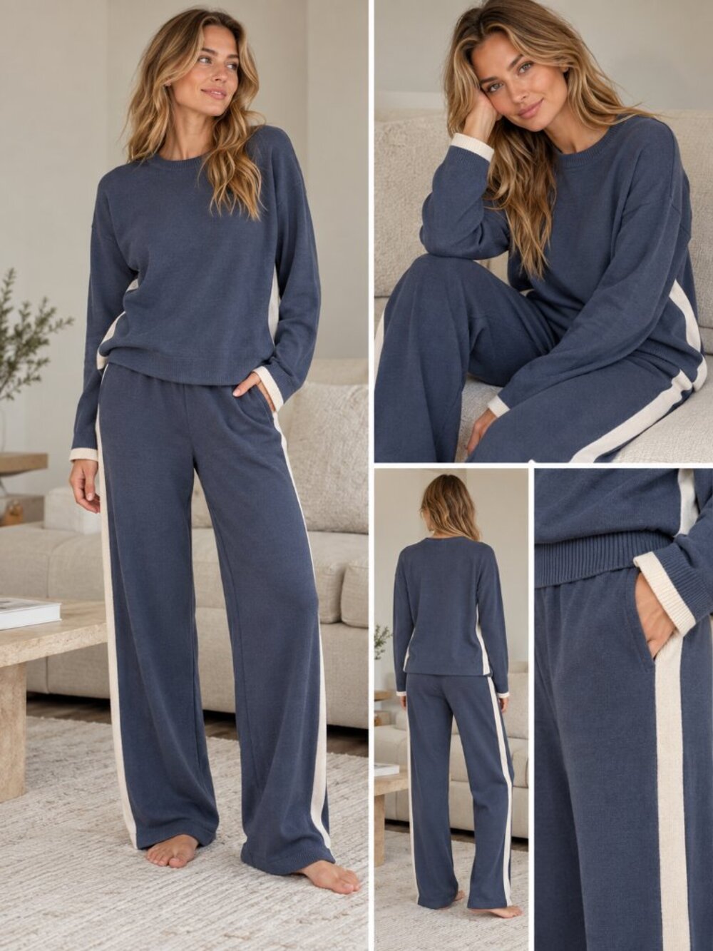 Sincerely Jules Blue & Cream Knit Matching Lounge Set – Size Small